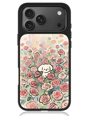 ins风卡通花小狗亚克力黑边磁吸适用苹果iPhone16promax手机壳1312pro小米1415Pro华为mate60p70三星S23防摔