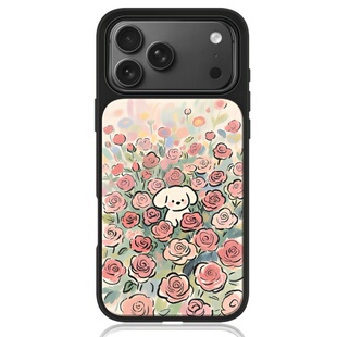 ins风卡通花小狗亚克力黑边磁吸适用苹果iPhone16promax手机壳1312pro小米1415Pro华为mate60p70三星S23防摔