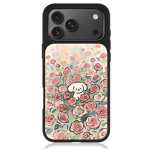 ins风卡通花小狗亚克力黑边磁吸适用苹果iPhone16promax手机壳1312pro小米1415Pro华为mate60p70三星S23防摔