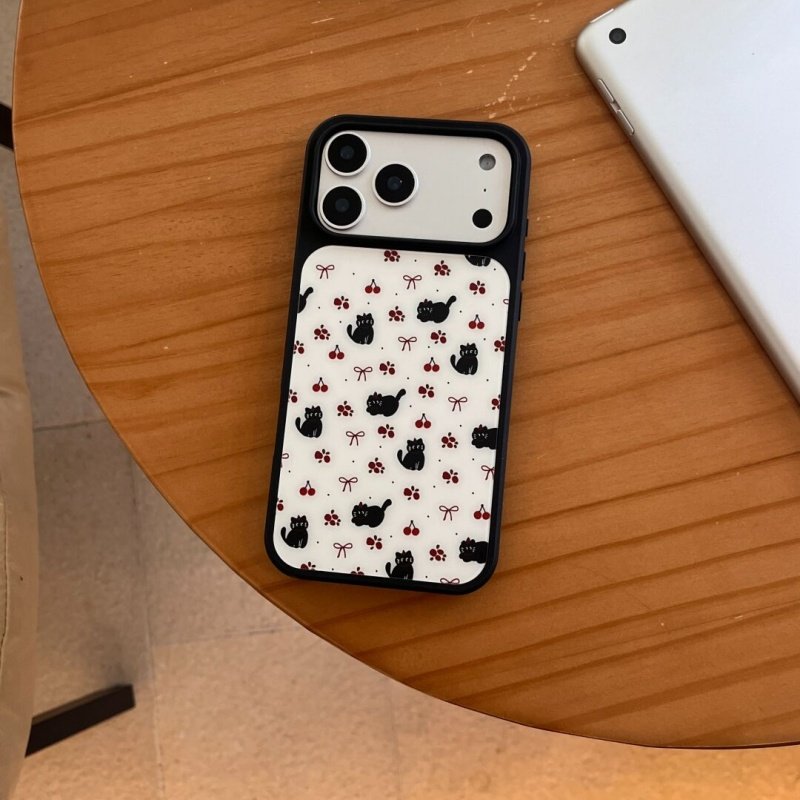 ins风樱桃小猫黑边软壳磁吸适用苹果小米iPhone17promax手机壳1613pro小米1415Pro华为mate60p70三星S23防摔