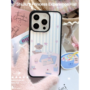 条纹小狗可爱原创亚克力黑边磁吸适用苹果iPhone16promax手机壳131512pro小米14Pro华为mate60p70三星S23防摔