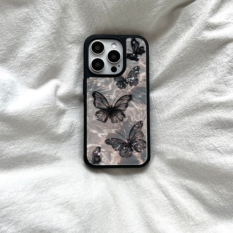 原创个性ins风清水蝴蝶亚克力黑边适用苹果iPhone16promax手机壳15pro小米14Pro保护套华为mate防摔三星S234
