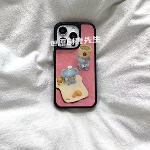 陶瓷小熊个性 原创亚克力黑边磁吸适用苹果iPhone16promax手机壳1312pro小米1415Pro华为mate60p70三星S23防摔