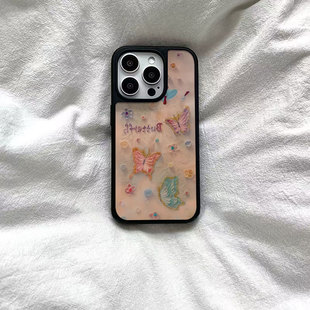 复古飞舞蝴蝶印花黑边软壳磁吸适用苹果iPhone17promax手机壳1615pro小米1415Pro华为mate60p70三星S23防摔