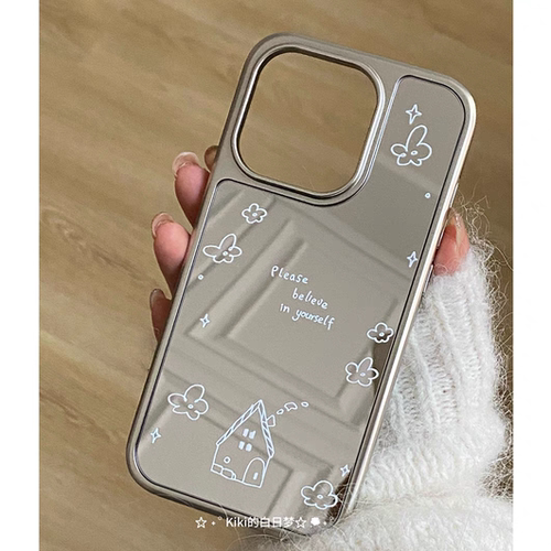 ins原创插画小众设计少女电镀银边镜面适用于苹果手机壳iPhone16promax15pro/14/13/12/高级防摔小众手机套