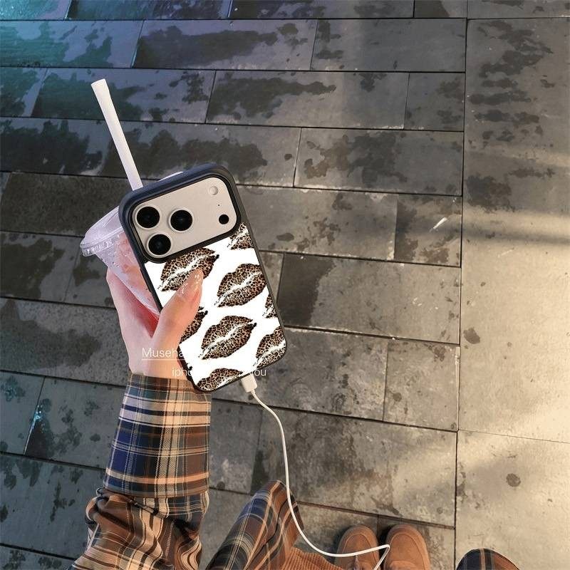 ins风复古豹纹嘴唇黑边滴胶手机壳适用苹果iPhone17promax高级感保护套小众16plus亮面15pro14防摔简约13pro
