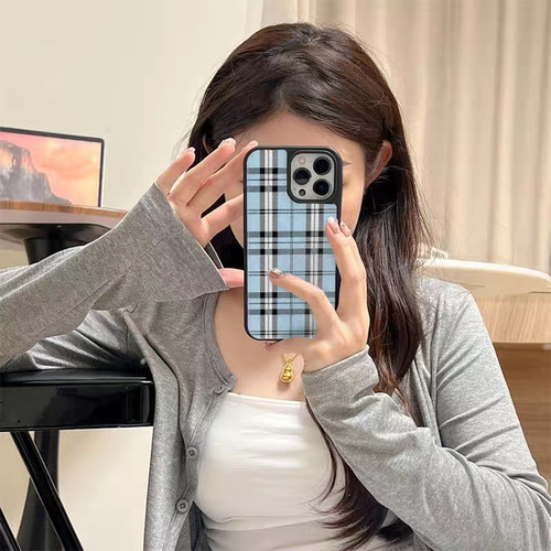 原创简约黑白蓝格子适用iphone16Promax黑边亚克力手机壳15pro磁吸苹果小米141312三星1116plus防摔14pro华为