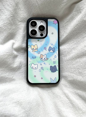 可爱小猫情侣蓝色亚克力黑边磁吸适用苹果iPhone16promax手机壳1312pro小米1415Pro华为mate60p70三星S23防摔
