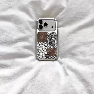 ins古早艺术碎花格纹电镀银磁吸适用苹果iPhone17promax手机壳1615pro小米1415Pro华为mate60p70三星S23防摔