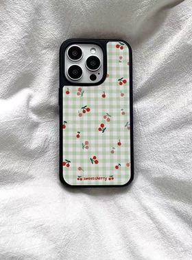 绿色樱桃格纹ins适用iphone16Promax黑边亚克力手机壳15pro磁吸苹果小米141312三星1116plus防摔14pro华为