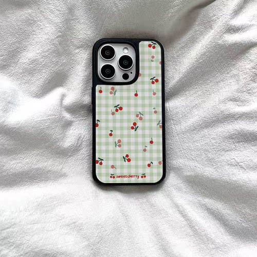 绿色樱桃格纹ins适用iphone16Promax黑边亚克力手机壳15pro磁吸苹果小米141312三星1116plus防摔14pro华为