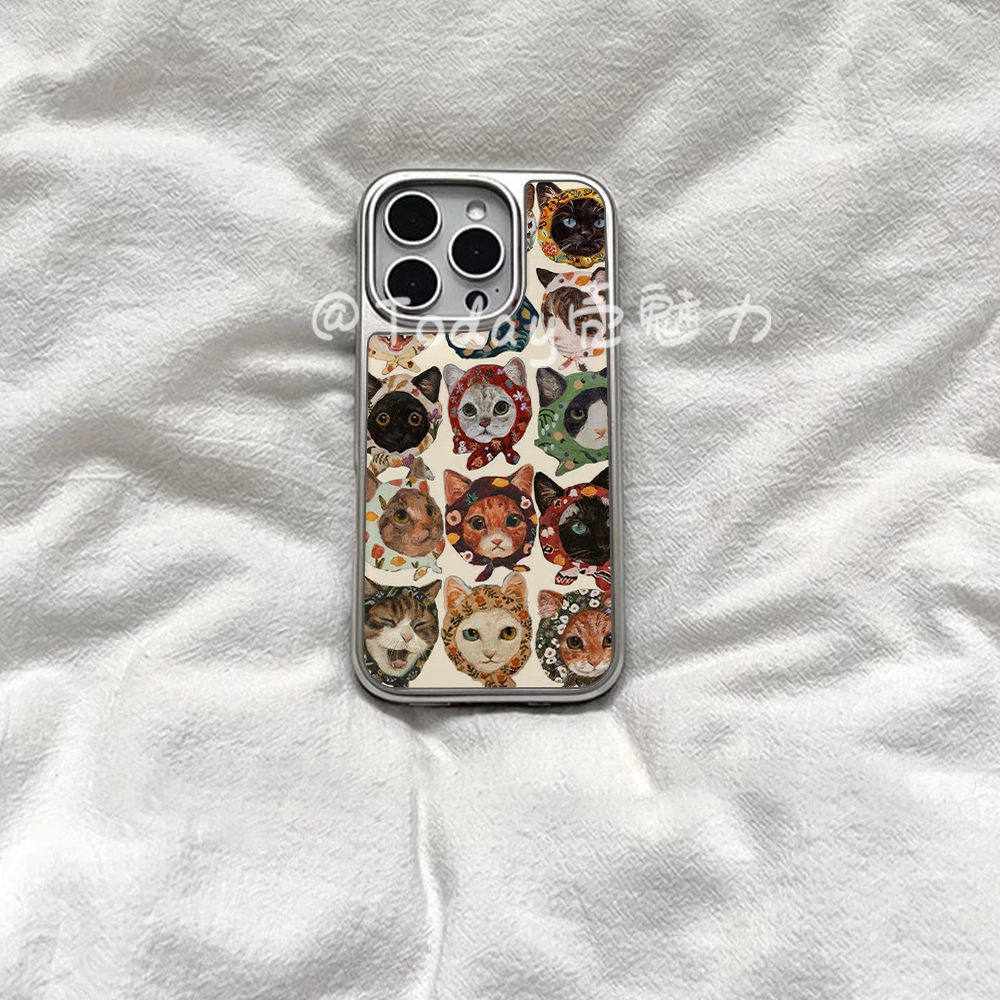 原创可爱ns风头巾猫咪磁吸电镀银边软壳适用于苹果手机壳iPhon
