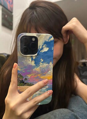 艺术油画海岸晚霞适用于苹果IPhon15pro/14promax/15/14/13/11/xr菲林小众高级感不会撞壳的手机壳个性男女款