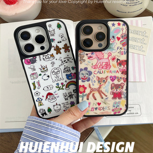 ins油画涂鸦卡通亚克力黑边磁吸适用苹果iPhone16promax手机壳1312pro小米1415Pro华为mate60p70三星S23防摔