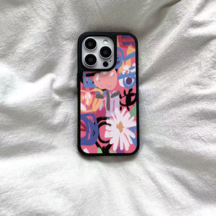 ins抽象艺术小花亚克力黑边磁吸适用苹果iPhone16promax手机壳1312pro小米1415Pro华为mate60p70三星S23防摔