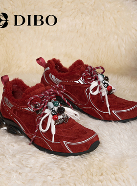 DIBO碲铂潮流增高厚底休闲鞋2025年冬季新款百搭真皮加绒运动鞋女