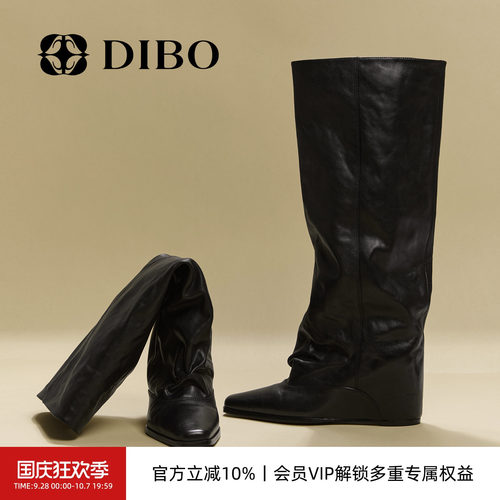 DIBO碲铂复古方头坡跟高筒靴女