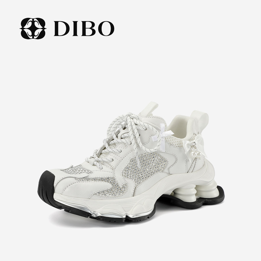 DIBO碲铂夏季新款网面弹簧厚底老爹鞋女亮钻透气休闲鞋女