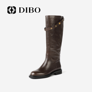 DIBO碲铂2025年秋季 百搭复古百搭骑士靴黑色女显瘦高筒真皮长靴