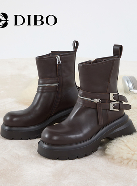 DIBO碲铂百搭厚底短靴女2025冬季新款时装靴真皮增高加绒短筒靴女