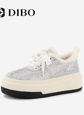 DIBO碲铂闪耀亮钻羊毛板鞋冬季新款通勤百搭保暖休闲鞋女棉鞋