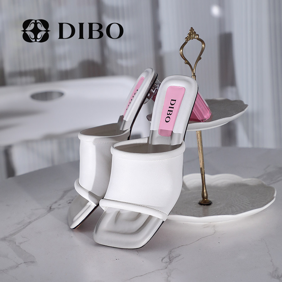 dibo碲铂女鞋夏季新款纯色鱼嘴露趾百搭牛皮高跟外穿凉拖女