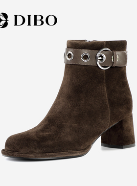 DIBO碲铂商场同款高跟加绒短靴女2025冬季新款法式气质圆头时装靴