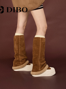 DIBO碲铂真皮百搭极简堆堆靴女2025冬季新款厚底靴高筒加绒长靴女
