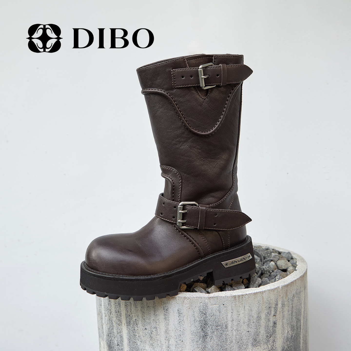 DIBO碲铂时尚低跟真皮长靴