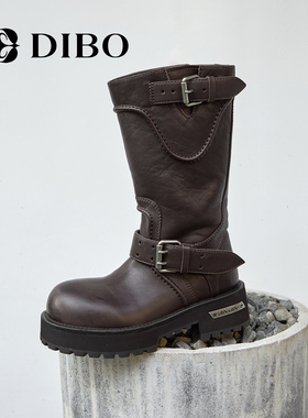 DIBO碲铂时尚低跟真皮长靴2025秋冬新款高筒靴黑色显瘦骑士靴子女