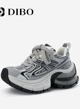 DIBO碲铂商场同款潮流亮钻厚底老爹鞋女2025年秋季新款增高休闲鞋