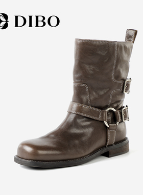 DIBO碲铂商场同款加绒西部靴女2025年冬季新款复古真皮平跟短靴女