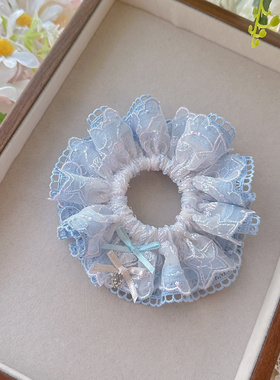 蓝色蝴蝶结蕾丝贝壳刺绣吊坠可爱手工蝴蝶蕾丝发圈丸子头发圈