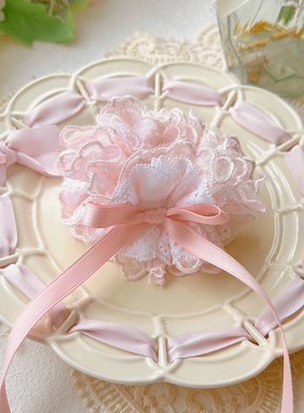 粉白色多层蕾丝可爱宫廷风双层蕾丝重工蝴蝶结花环发圈丸子头