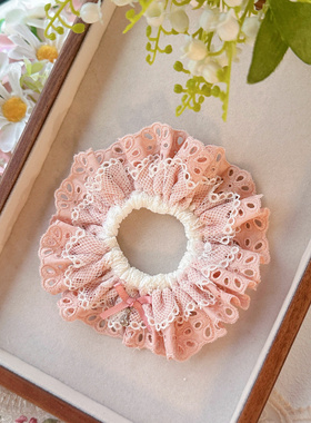 粉白色镂空蝴蝶结双层蕾丝重工可爱手工蝴蝶蕾丝发圈丸子头发圈