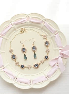 巴洛克欧式复古项链法式优雅花嫁洛丽塔绀色日常耳坠锁骨链