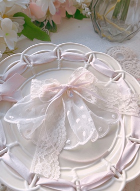 白色刺绣蕾丝重工荷叶边裙摆蝴蝶结甜美风丝带发夹鸭嘴夹头饰