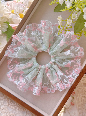 粉绿色小清新花朵精致蕾丝裙摆可爱手工蝴蝶蕾丝发圈丸子头发圈