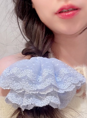 蓝色多层重工发圈大肠发圈可爱手工蝴蝶蕾丝发圈