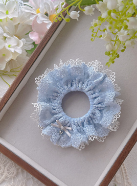 蓝色可爱刺绣重工蕾丝重工可爱手工蝴蝶蕾丝发圈丸子头发圈