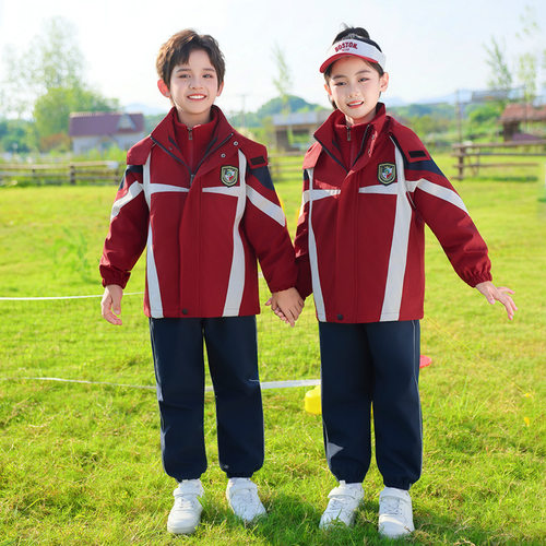 幼儿园园服春秋装小学生班服套装校服男女童酒红色冲锋衣三件套冬