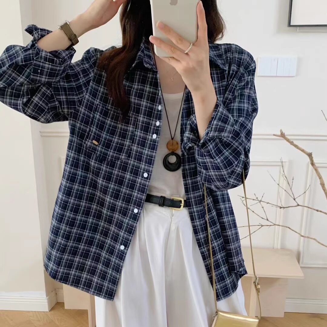 高品质秋季tr两色衬衫格子长袖衬衣外套女宽松韩版复古百搭衬衫