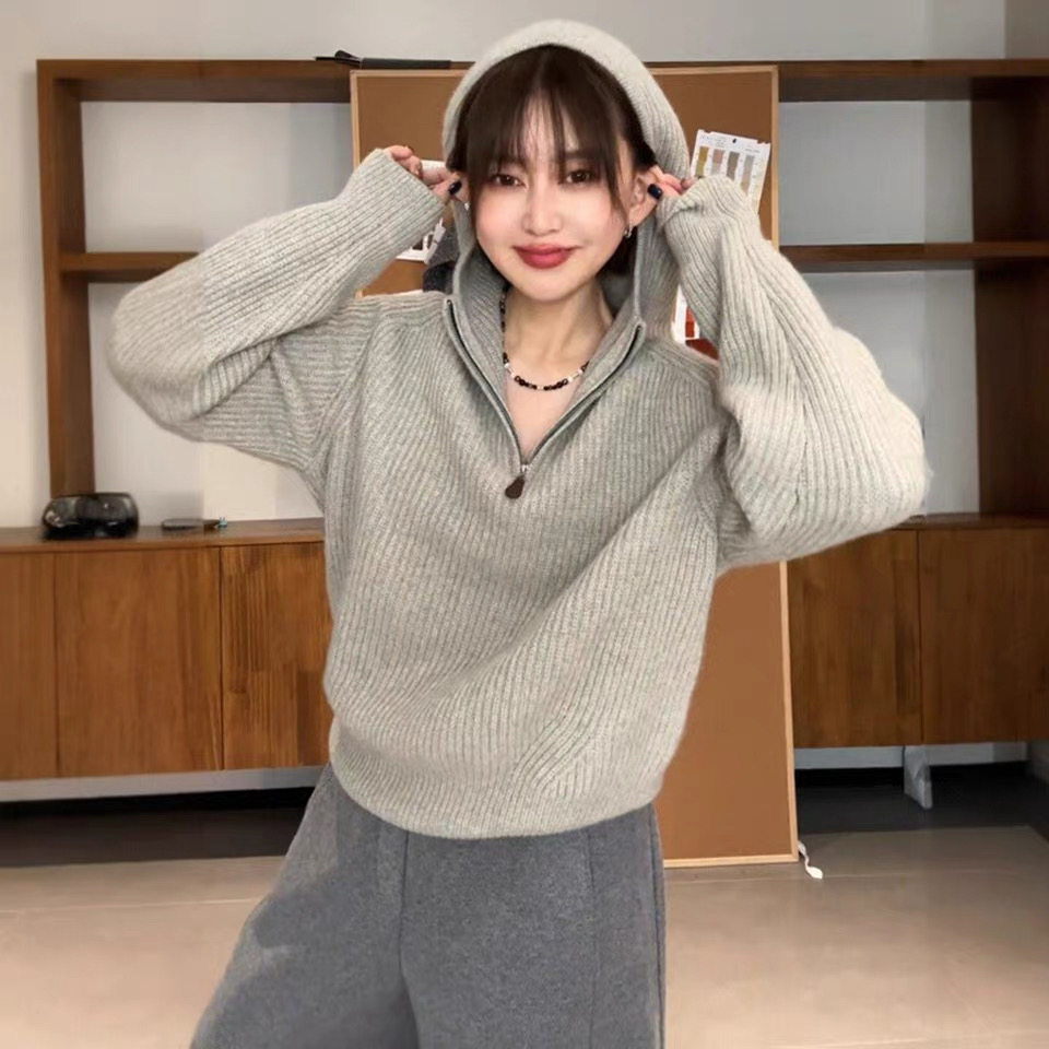 慵懒风半拉链连帽毛衣女秋冬宽松针织衫高级感上衣