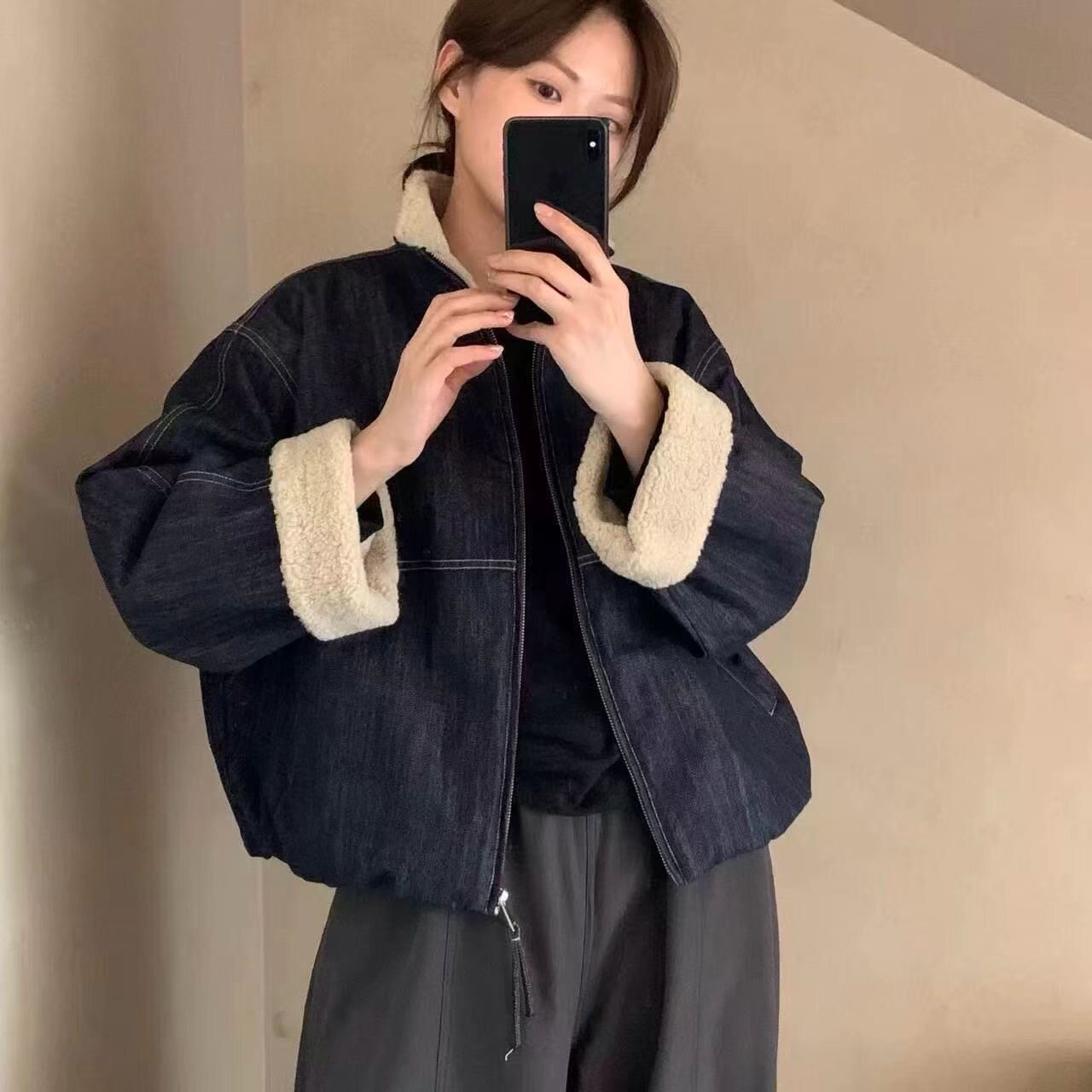 韩版羊羔毛领牛仔棉服女保暖