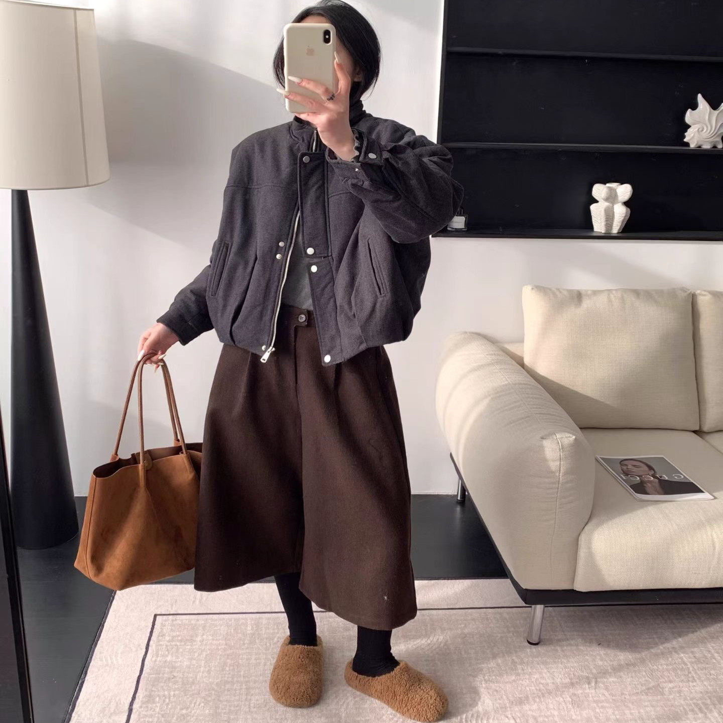 日系通勤风立领拉链棉服女宽松百搭休闲外套深灰色常规款