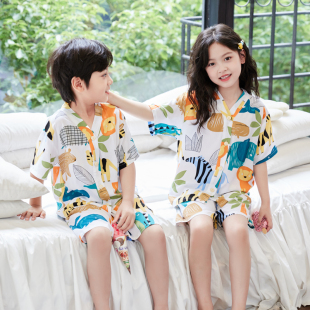 家居服套装 夏季 短裤 儿童棉绸睡衣短袖 宝宝男童女童中大童 薄款