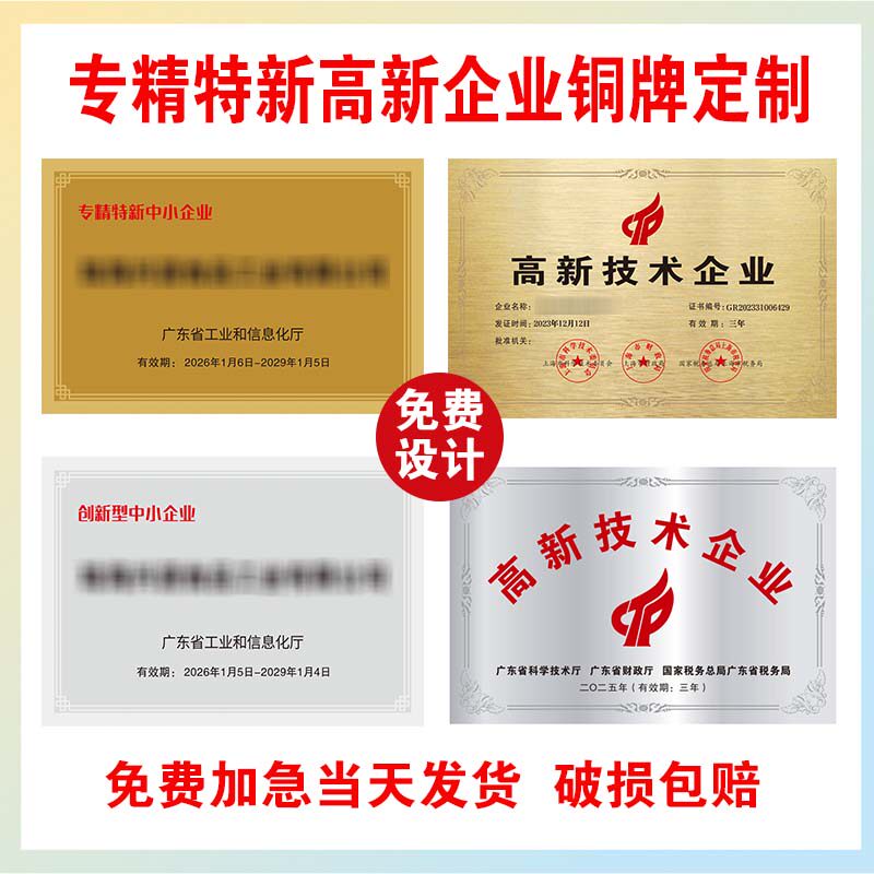 广东省专精特新中小企业小巨人牌匾高新技术企业铜牌定做制作