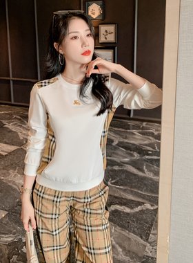 英伦欧货秋冬高端休闲舒适格子拼接长袖卫衣T恤BIABETTY