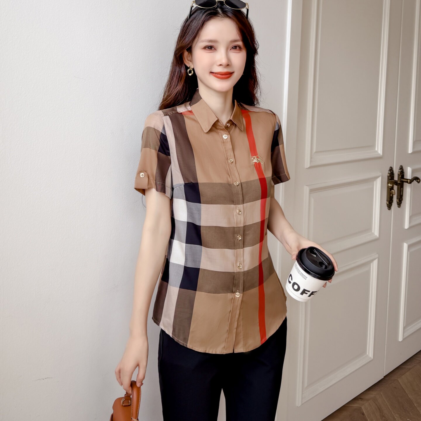 女夏短袖格子修身显瘦高级感衬衫