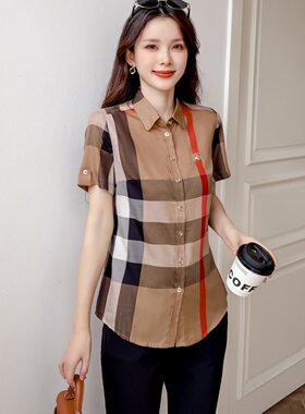 女夏短袖格子修身显瘦高级感衬衫